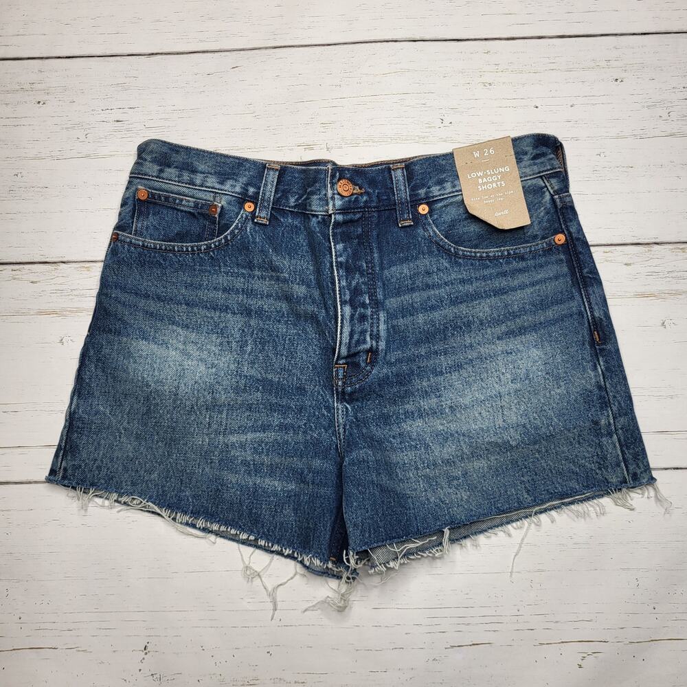 Madewell Low Slung Baggy Denim Jean Shorts Raw Hem Button Fly Dark Medium 26